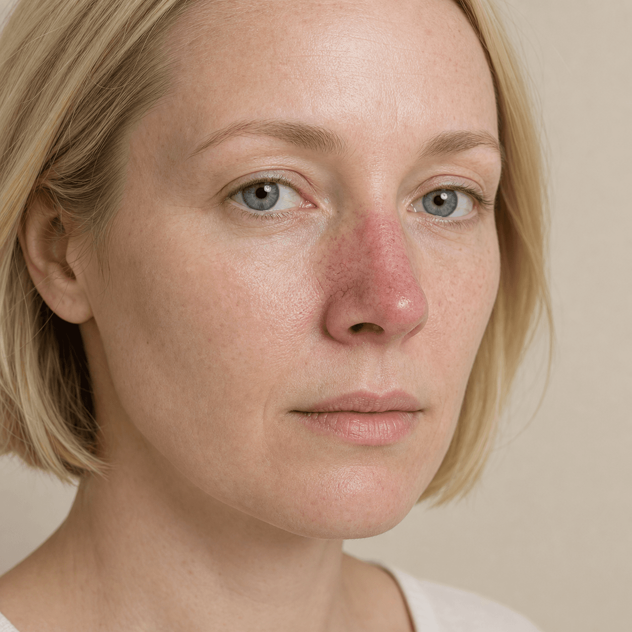 Rosacea on the nose: redness, vessels, bumps and thickening